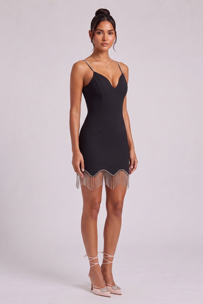 Black Structured Stretch Woven Bodycon Mini Dress with Rhinestone Fringe black structured stretch woven dress - product view 2