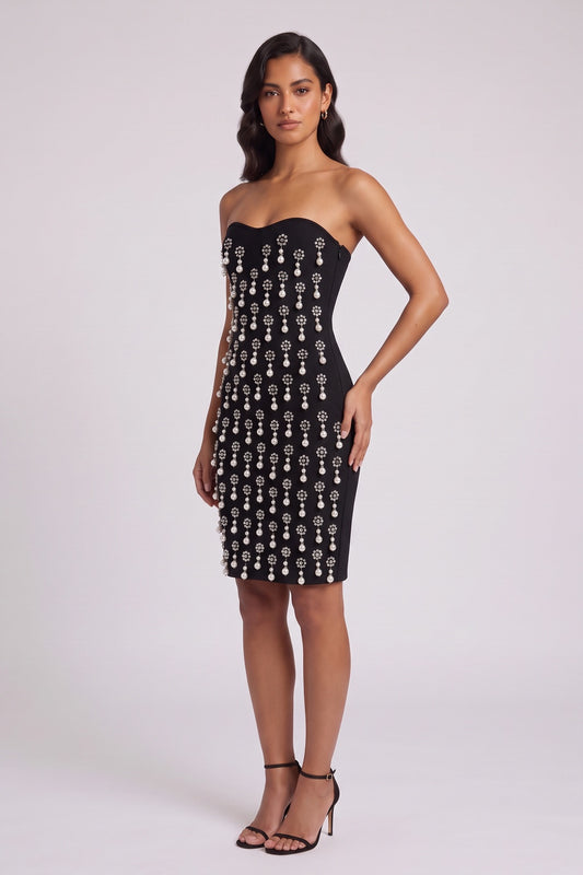 Strapless Pearl Rhinestone Cluster Bodycon Mini Dress