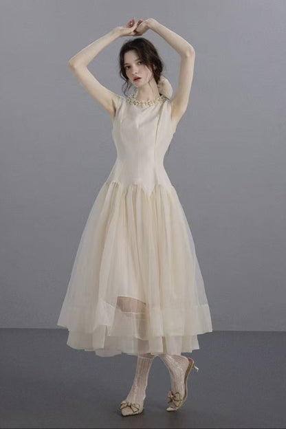 Sleeveless Midi Dress with Tulle Skirt and Pearl Embellished Collar - Ivoire