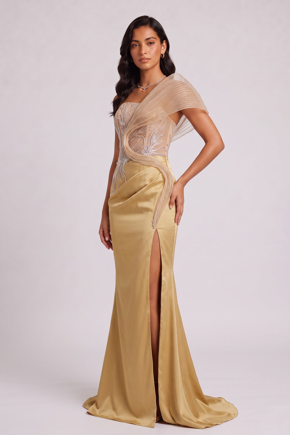 Strapless Rhinestone Mesh Ruffle Satin Mermaid Evening Gown