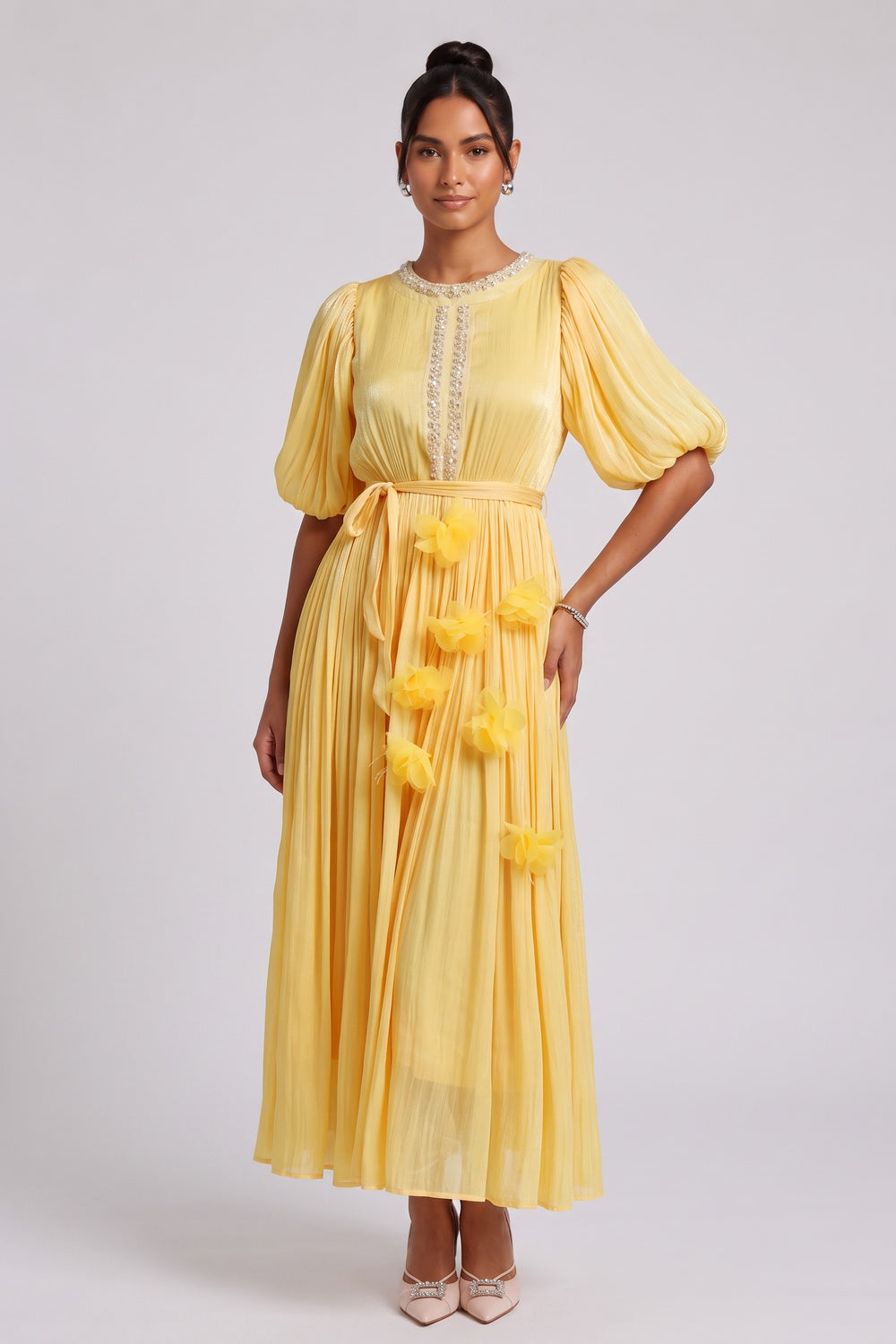 Yellow Midi Dress with Beaded Neckline and 3D Floral Appliqués Premium Fabric - product view 4