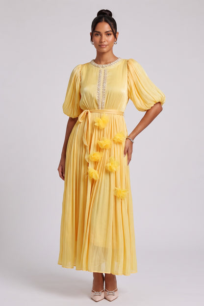 Yellow Midi Dress with Beaded Neckline and 3D Floral Appliqués Premium Fabric - product view 4