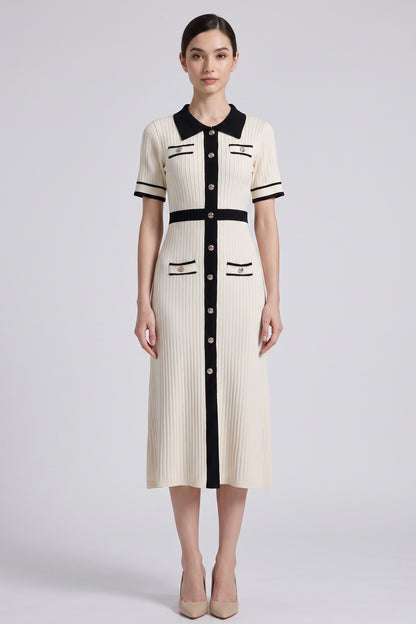 Cream Ribbed Knit Midi Dress with Black Contrast Trim cream ribbed knit dress - product view 1