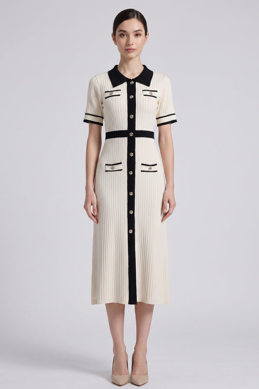 Cream Ribbed Knit Midi Dress with Black Contrast Trim cream ribbed knit dress - product view 1