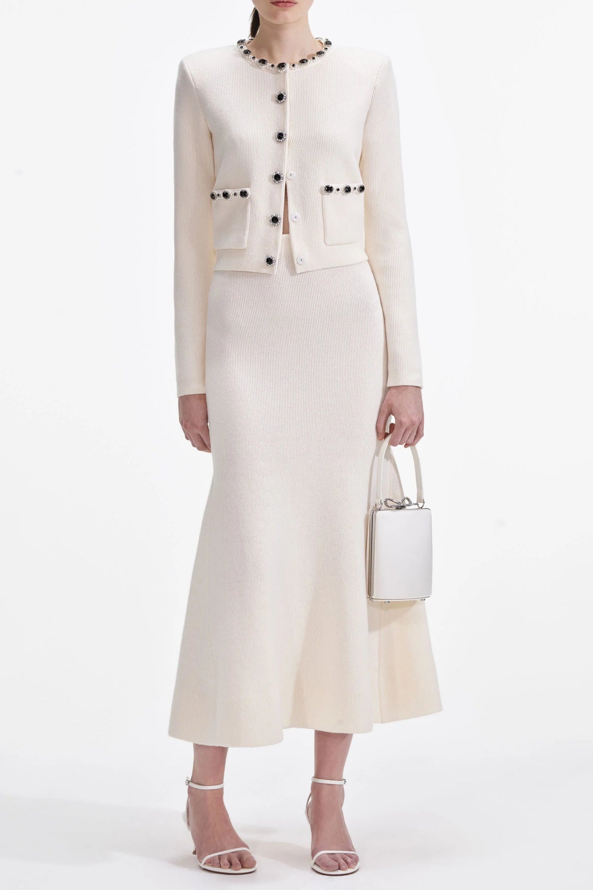 virginia Cream Embellished Cardigan skirt set