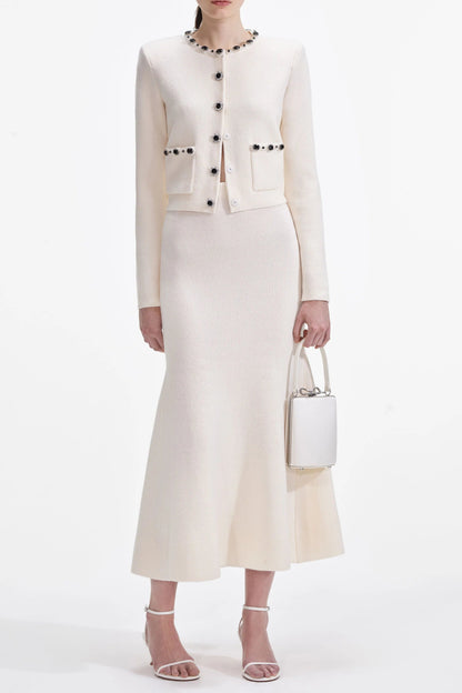 virginia Cream Embellished Cardigan skirt set