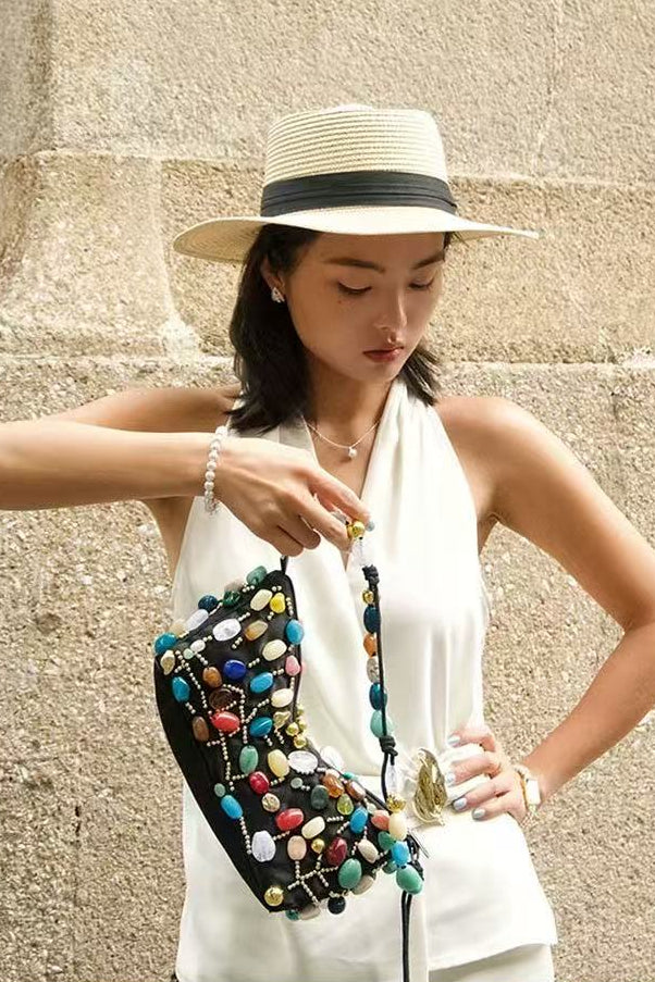 Beaded Crescent Shoulder Bag with Colorful Stone Embellishments