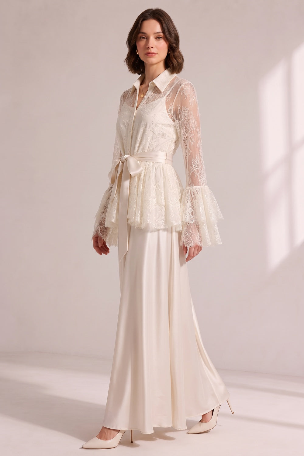 Cream Lace Flare Sleeve Shirt Top Satin Cami Sash Belt Wide Leg Maxi Pants Three-Piece Set