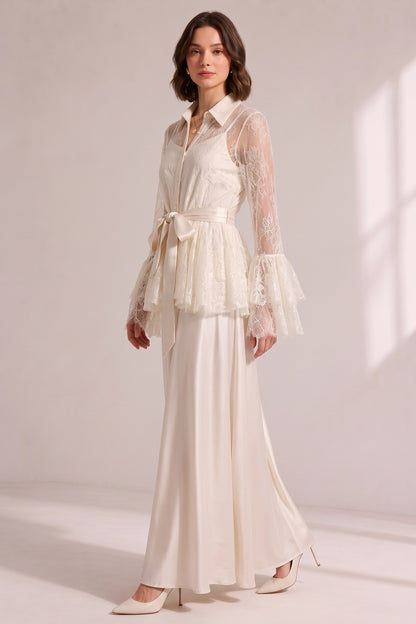Cream Lace Flare Sleeve Shirt Top Satin Cami Sash Belt Wide Leg Maxi Pants Three-Piece Set