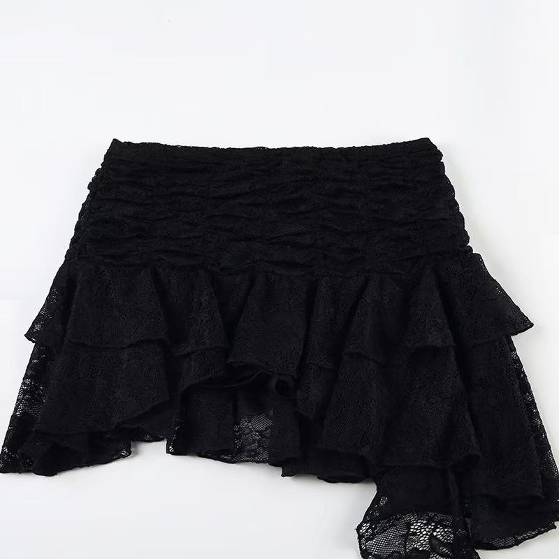 Ruched Lace Asymmetrical Mini Skirt