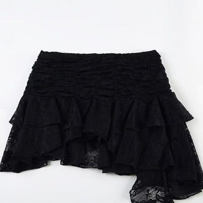 Ruched Lace Asymmetrical Mini Skirt