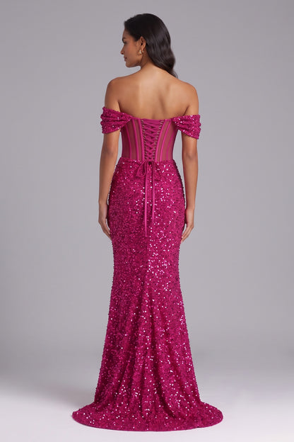 Hot Pink Sequin Off-the-Shoulder Mermaid Gown Premium Fabric - product view 3