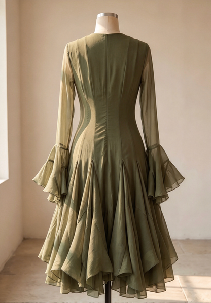 Olive Green Sheer Chiffon Fit-and-Flare Midi Dress