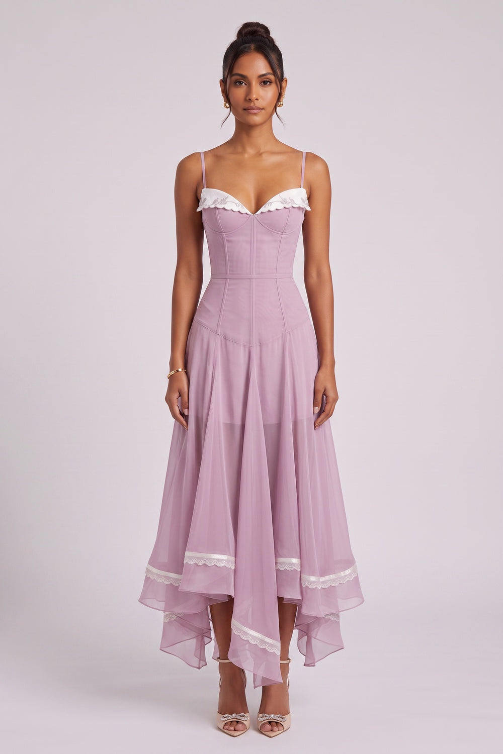 Dusty Lavender Sheer Chiffon Fit-and-Flare Midi Dress dusty lavender sheer chiffon dress - product view 2