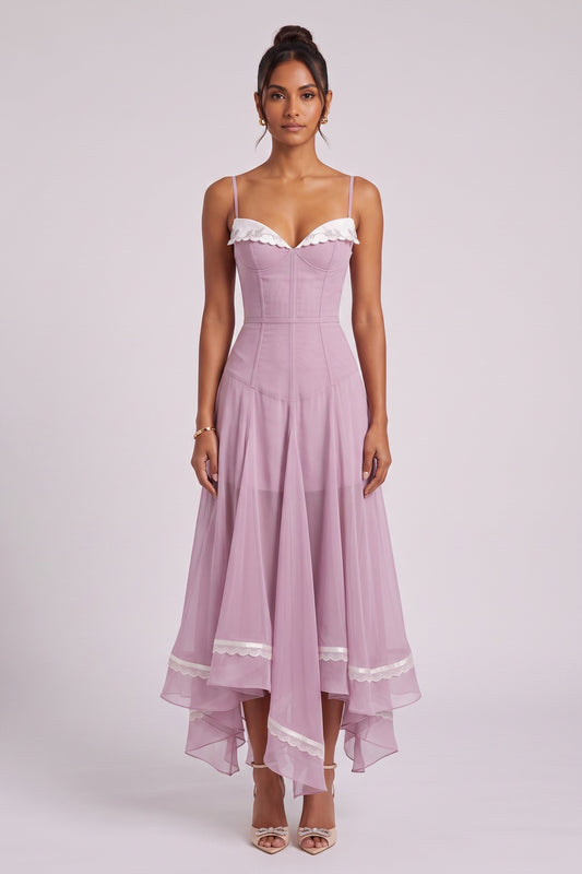 Dusty Lavender Sheer Chiffon Fit-and-Flare Midi Dress dusty lavender sheer chiffon dress - product view 2