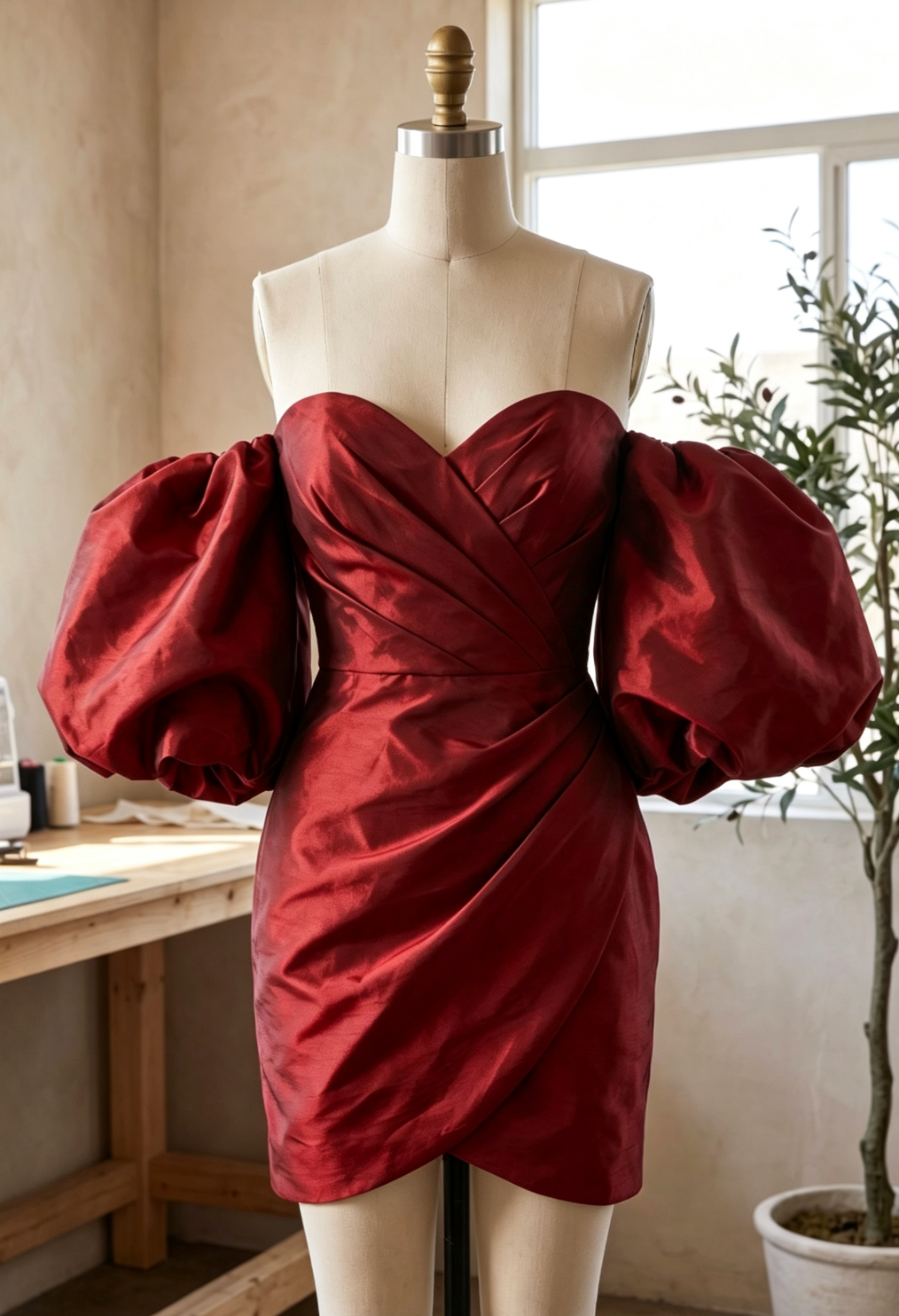 Deep Red Taffeta Bodycon Mini Dress