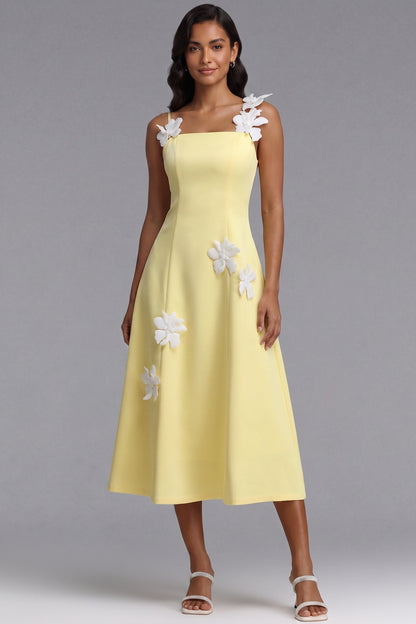 Pastel Yellow Structured Crepe A-Line Midi Dress with 3D Floral Appliqués pastel yellow structured crepe dress - product view 1