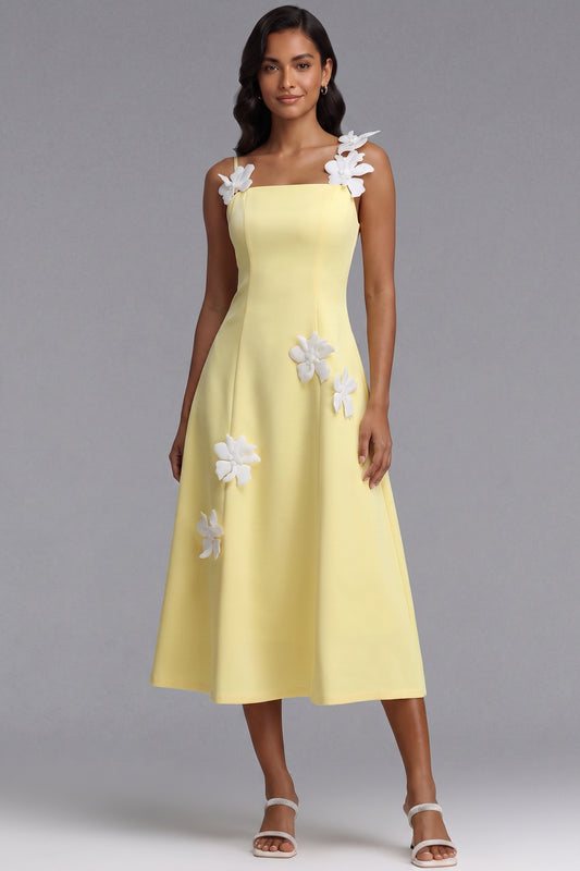Pastel Yellow Structured Crepe A-Line Midi Dress with 3D Floral Appliqués pastel yellow structured crepe dress - product view 1