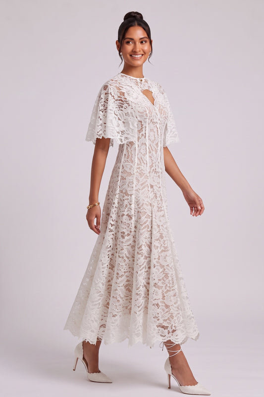 White Floral Lace A-Line Midi Dress with Keyhole Neckline white floral lace dress - product view 2