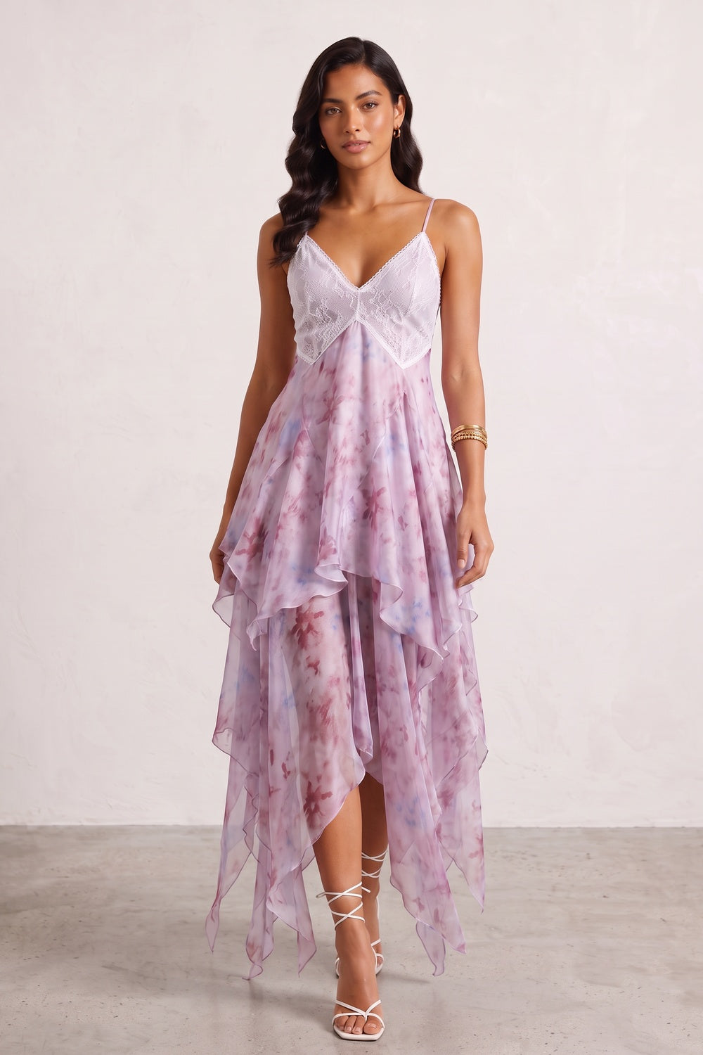 Pink Watercolor Floral Lace V-Neck Asymmetric Ruffle Maxi Slip Dress