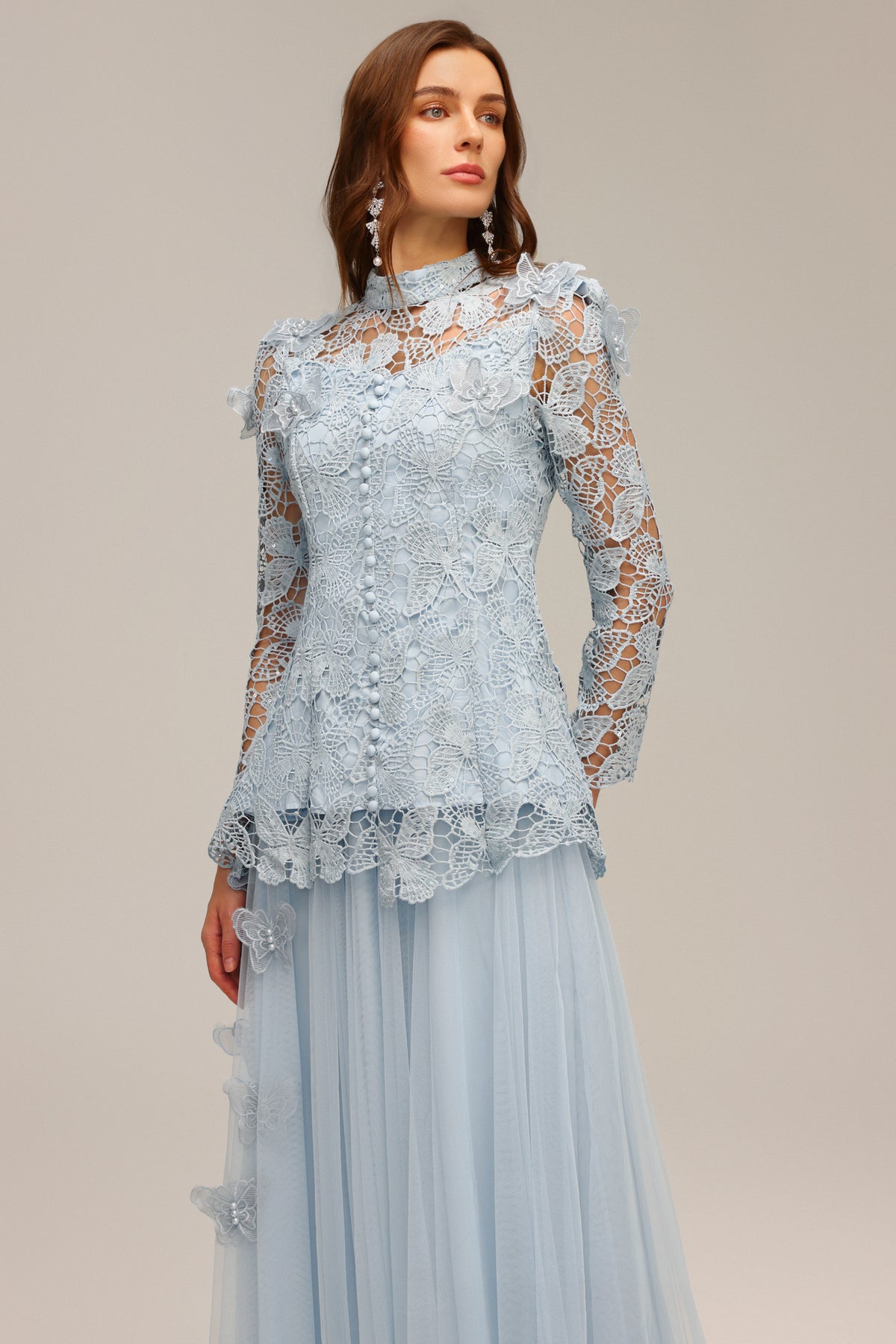 yvette blue Long Sleeve Folds Lace Butterfly Top And Skirt Two-Piece Set