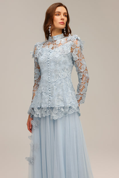 yvette blue Long Sleeve Folds Lace Butterfly Top And Skirt Two-Piece Set