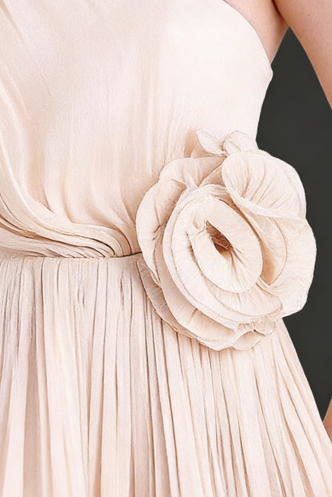 simona one shoulder 3d flower ruffle hem maxi dress in apricot
