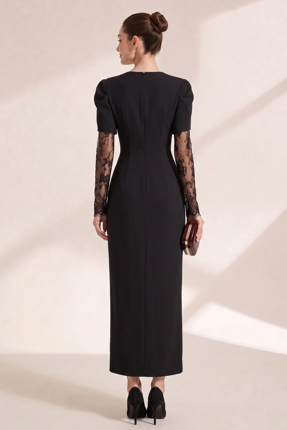 Black Structured Crepe Column Dress with Lace Insert black structured crepe dress - product view 5