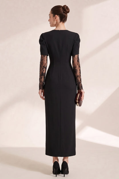 Black Structured Crepe Column Dress with Lace Insert black structured crepe dress - product view 5