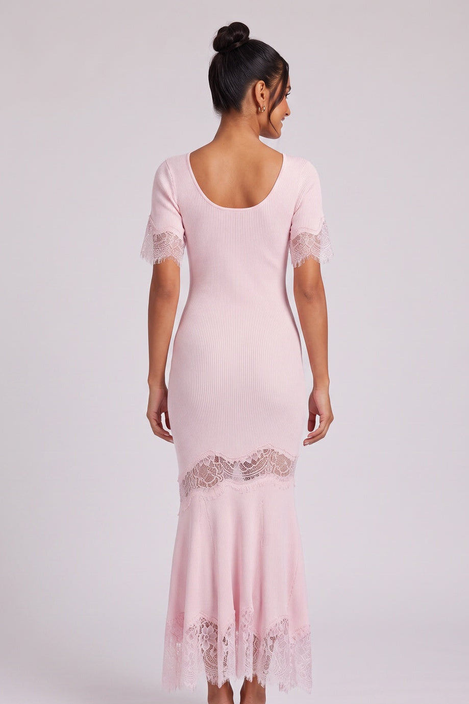 Light Pink Ribbed Knit Mermaid Maxi Dress with Lace Inserts light pink ribbed knit dress - product view 5
