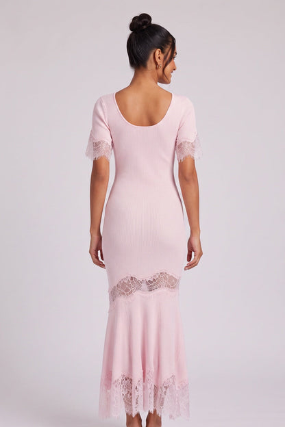 Light Pink Ribbed Knit Mermaid Maxi Dress with Lace Inserts light pink ribbed knit dress - product view 5