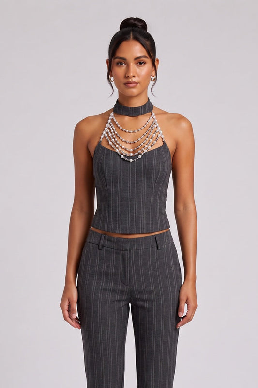 Dark Grey Pinstripe Corset-Style Halter Top dark grey pinstripe suiting fabric halter top - product view 1