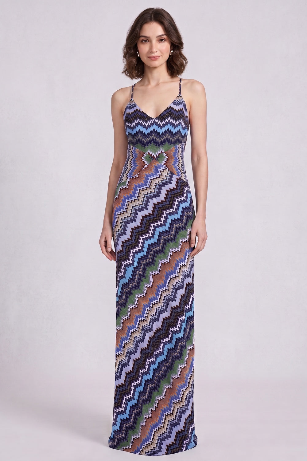 Blue Fine Knit Chevron Maxi Dress blue, purple, black, white fine knit maxi dress - product view 3