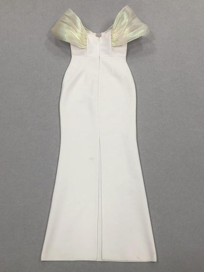 Off-Shoulder pearl embellished bodycon maxi dress in white