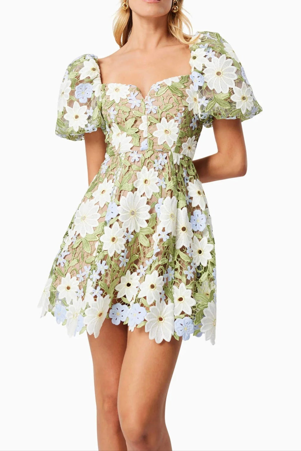 rebecca Flora Lace Mini Dress in Green