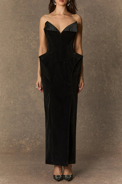 amity Black Deep V-neck strapless Velvet Maxi Dress