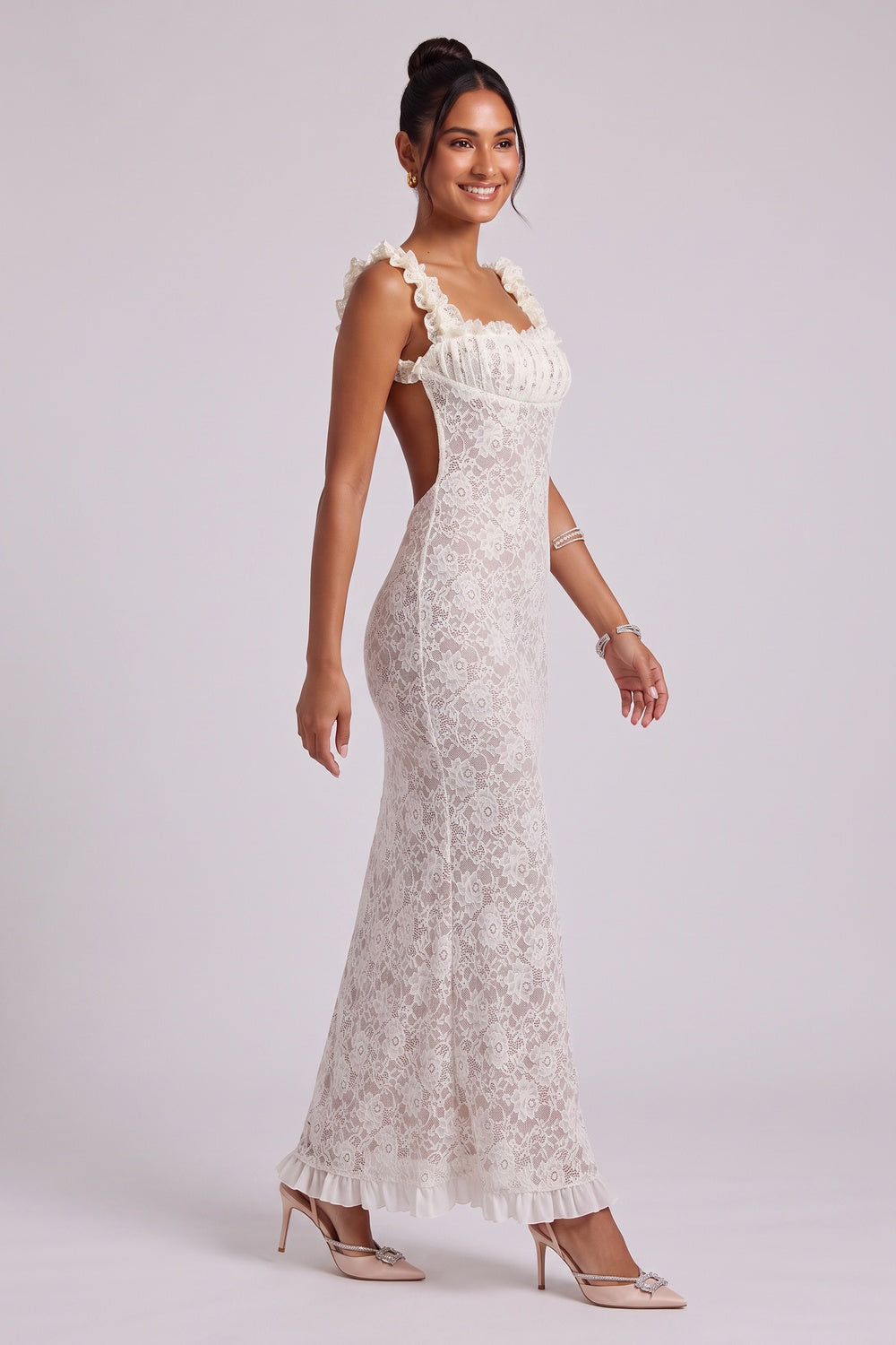 White Lace Maxi Dress with Ruffled Square Neckline Premium Fabric - product view 4