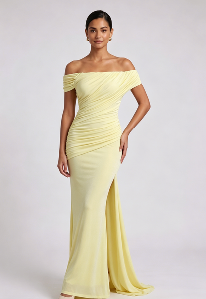 pale yellow stretch jersey column gown