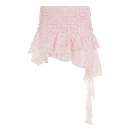 Ruched Lace Asymmetrical Mini Skirt