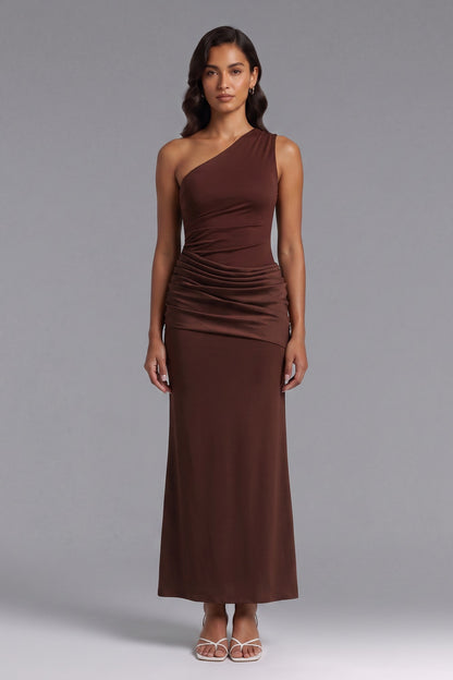 Chocolate Brown One-Shoulder Maxi Dress in Stretch Jersey chocolate brown stretch jersey dress - product view 1