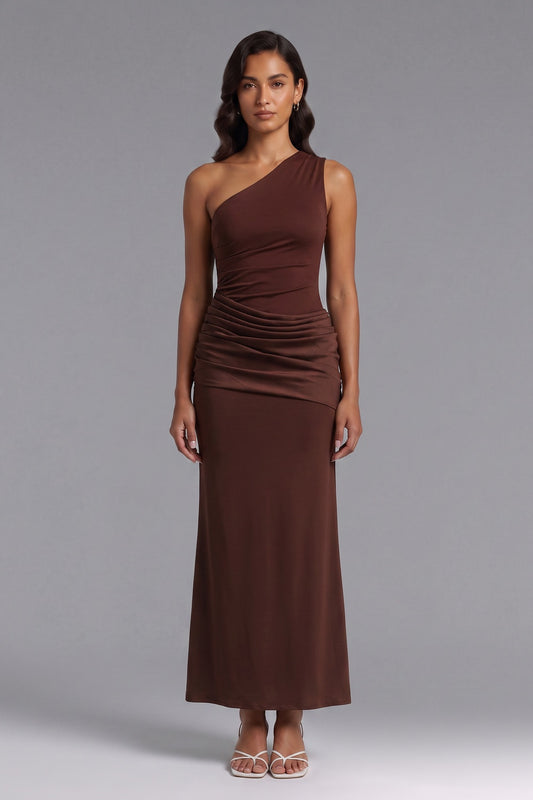 Chocolate Brown One-Shoulder Maxi Dress in Stretch Jersey chocolate brown stretch jersey dress - product view 1