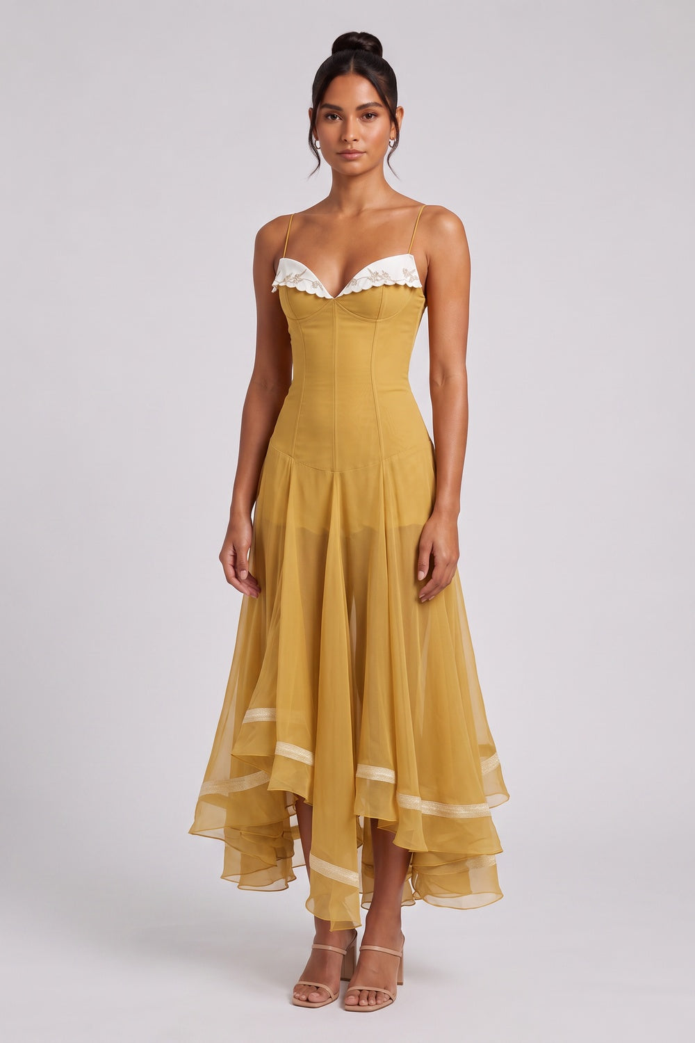 Mustard Yellow Sheer Chiffon Fit-and-Flare Midi Dress with White Scalloped Collar mustard yellow sheer chiffon or organza dress - product view 1