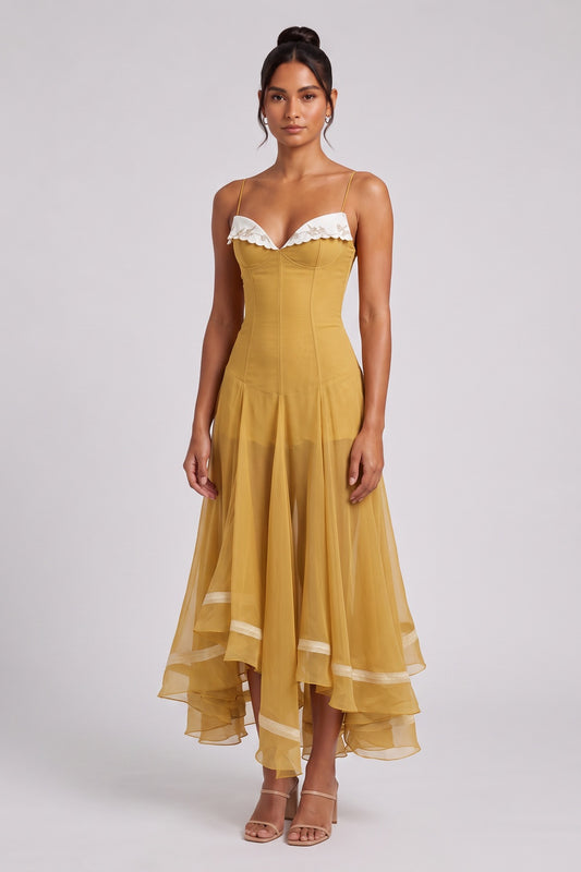 Mustard Yellow Sheer Chiffon Fit-and-Flare Midi Dress with White Scalloped Collar mustard yellow sheer chiffon or organza dress - product view 1