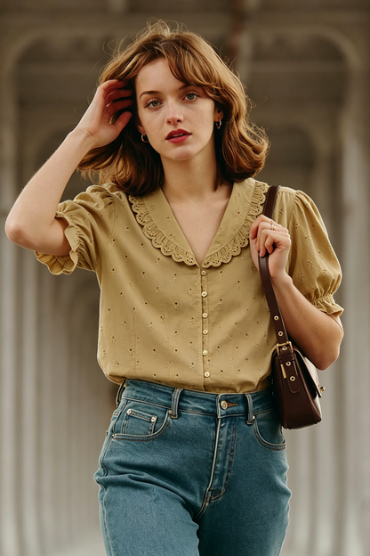 lace embroidered lapel shirt short-sleeved shirt top