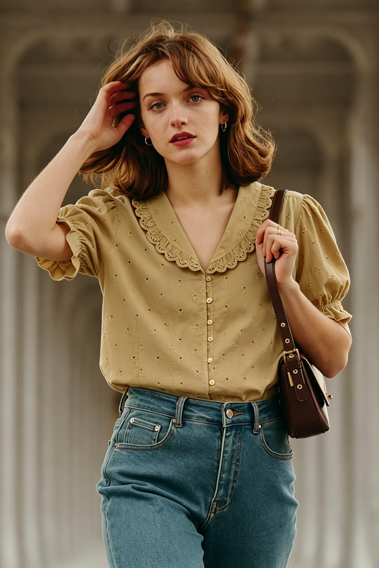 lace embroidered lapel shirt short-sleeved shirt top