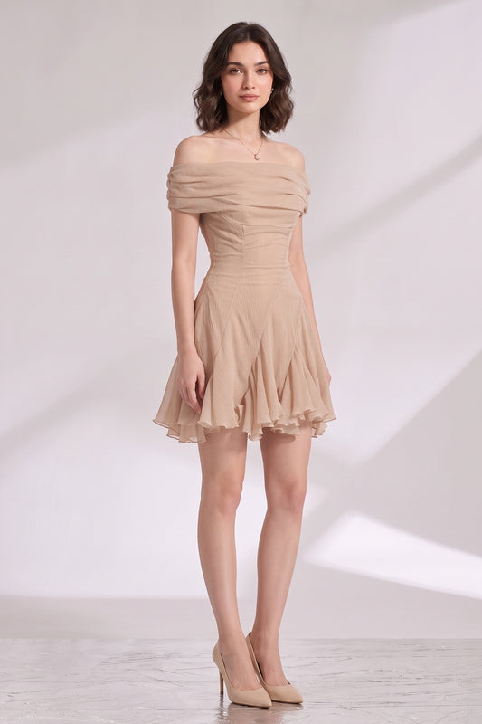 Beige Crinkled Chiffon Off-the-Shoulder Fit-and-Flare Mini Dress beige crinkled chiffon dress - product view 2