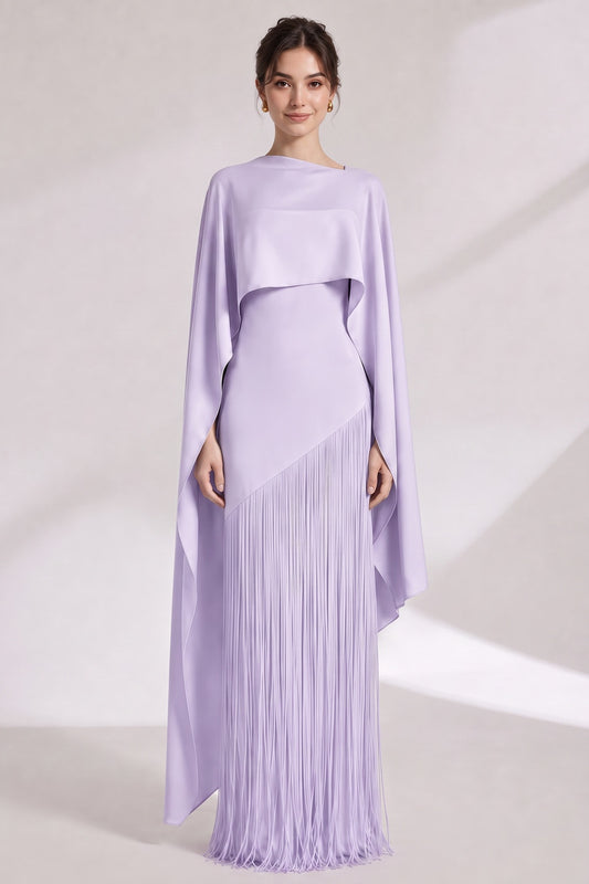 Lavender Structured Crepe Column Evening Gown with Asymmetrical Cape Overlay Lavender Structured crepe Evening gown - product view 1