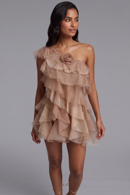 Taupe Tulle A-Line Tiered Mini Dress taupe tulle mini dress - product view 4
