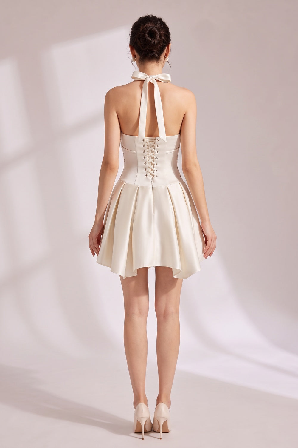 Halter Double Strap Satin Fit &amp; Flare Mini Dress