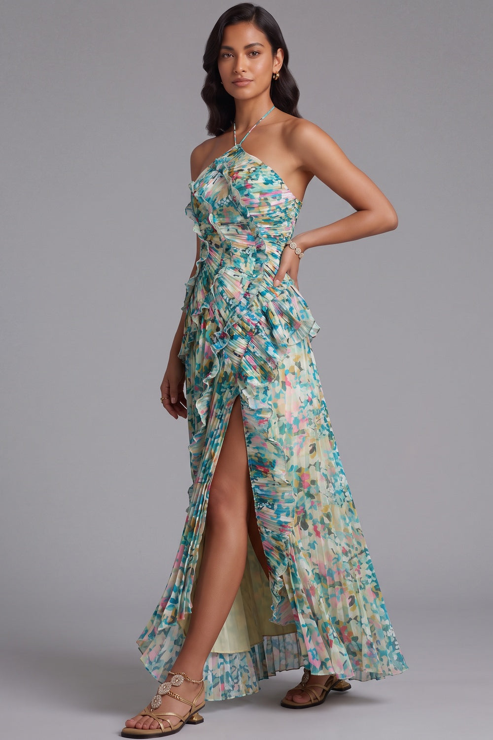 Green Pleated Chiffon A-Line Maxi Dress with High Slit and Cascading Ruffles green, teal pleated chiffon dress - product view 2